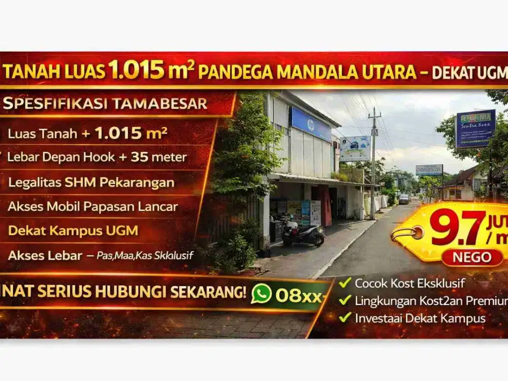 INVESTOR KOST WAJIB LIHAT! TANAH 1.015 m² PANDEGA UGM