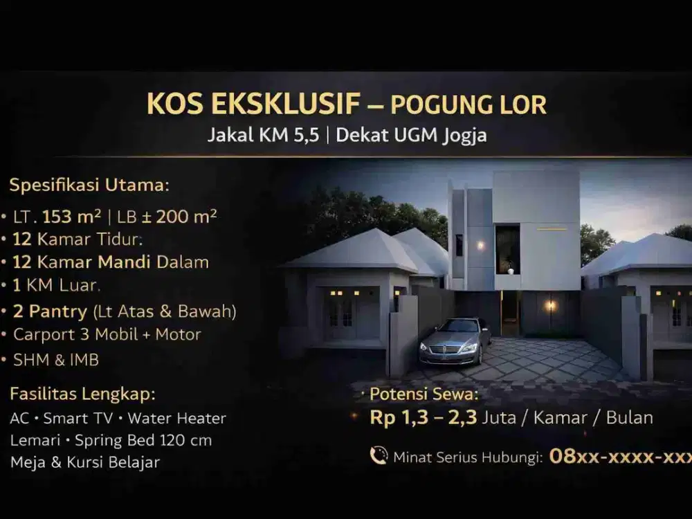 KOS EKSKLUSIF POGUNG LOR – 12 KAMAR – DEKAT UGM – SIAP JALAN