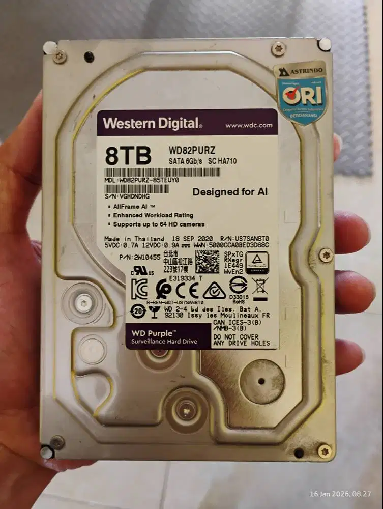 HDD internal PC Desktop 3.5 WD Purple 8TB SATA 7200RPM Sentinel 100%