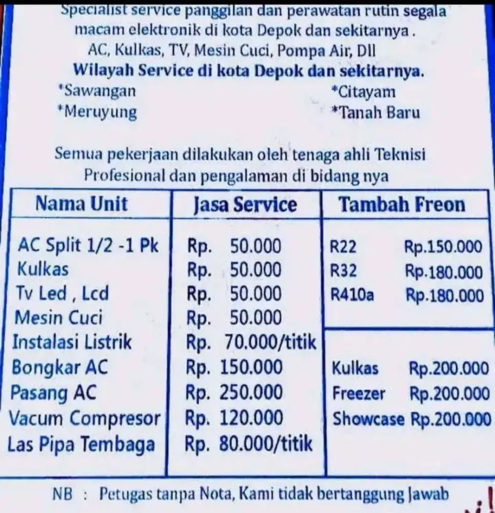 Service AC bongkar pasang AC service kulkas dan mesin cuci