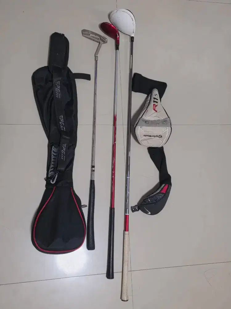Stik golf Driver, Putter (Taylormade), Hybrid (Nike) Plus Sunday Bag