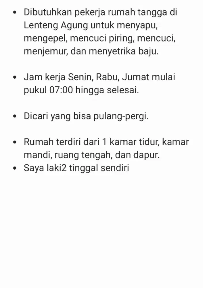 Dibutuhkan ART Lenteng Agung PP