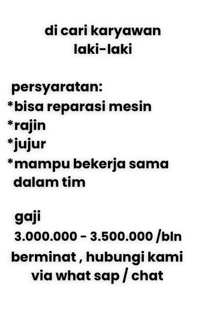 di butuhkan karyawan laki laki service mesin