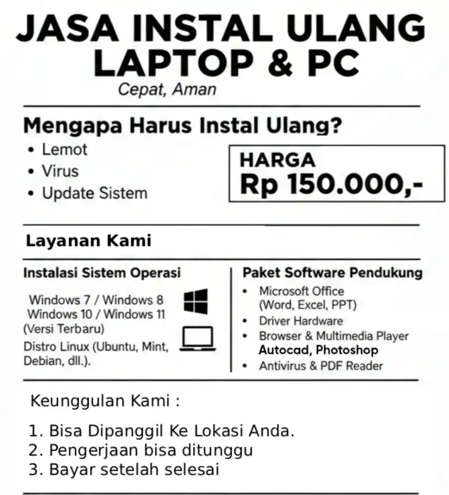 Jasa Install Ulang Laptop & PC. Bisa Dipanggil ke Lokasi Anda