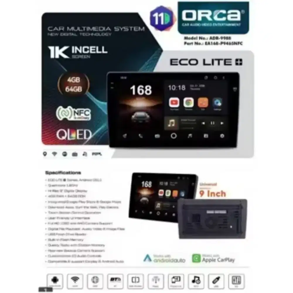 Android Orca 9in NFC Qled ram4/64+kamera+pasang.