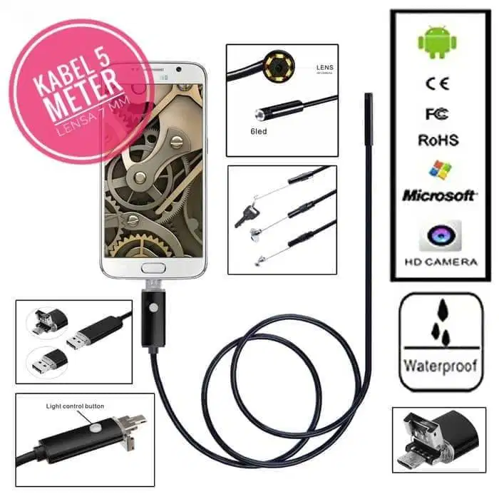 2in1 Endoscope 7mm 5m Spy Camera kamera ular waterproof anti air Kabel