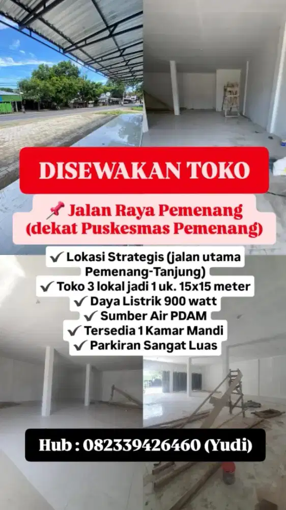 DISEWAKAN TOKO 15X15 LOKASI STRATEGIS PUSAT PEMENANG LOMBOK UTARA