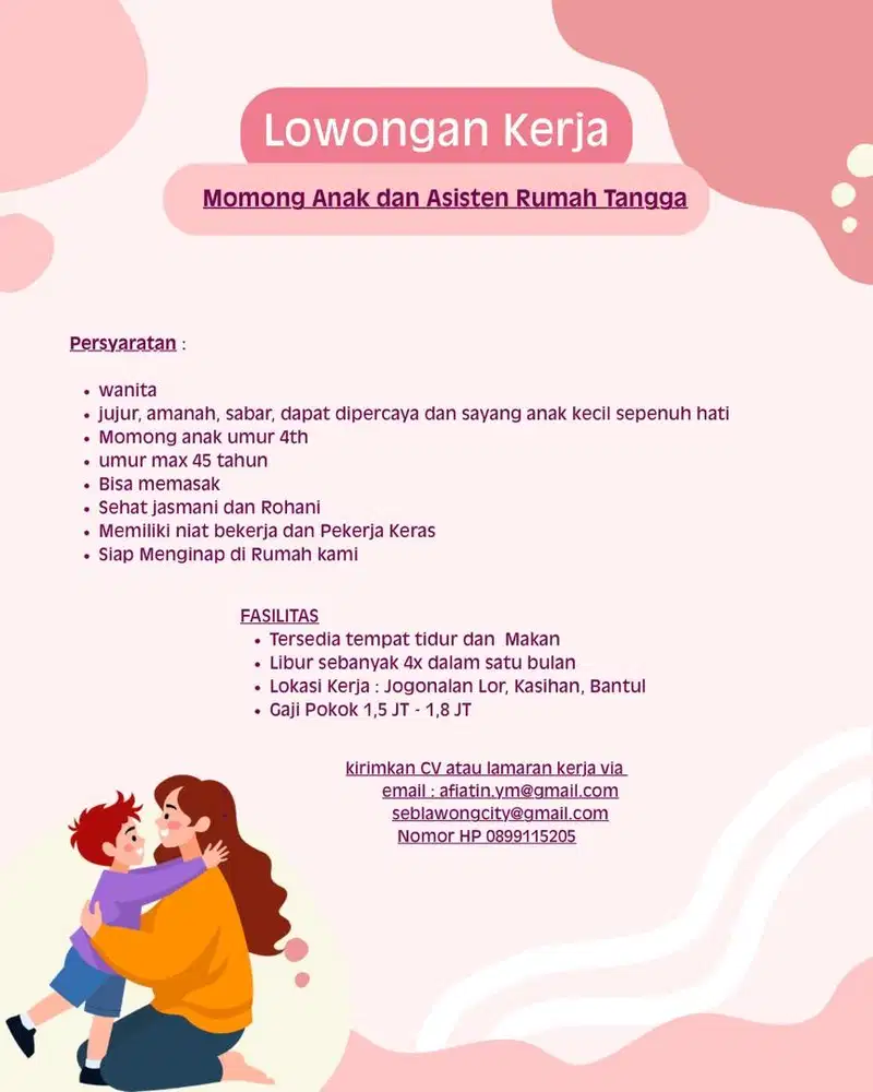 Lowongan Momong anak & Asisten Rumah Tangga