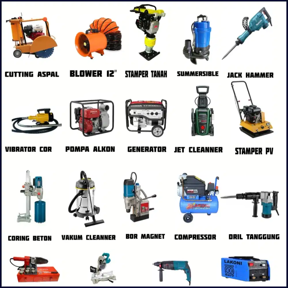 Sewa genset. Stamper. Jack hammer/dril. Trowel. Vibrator. Coring. Alko