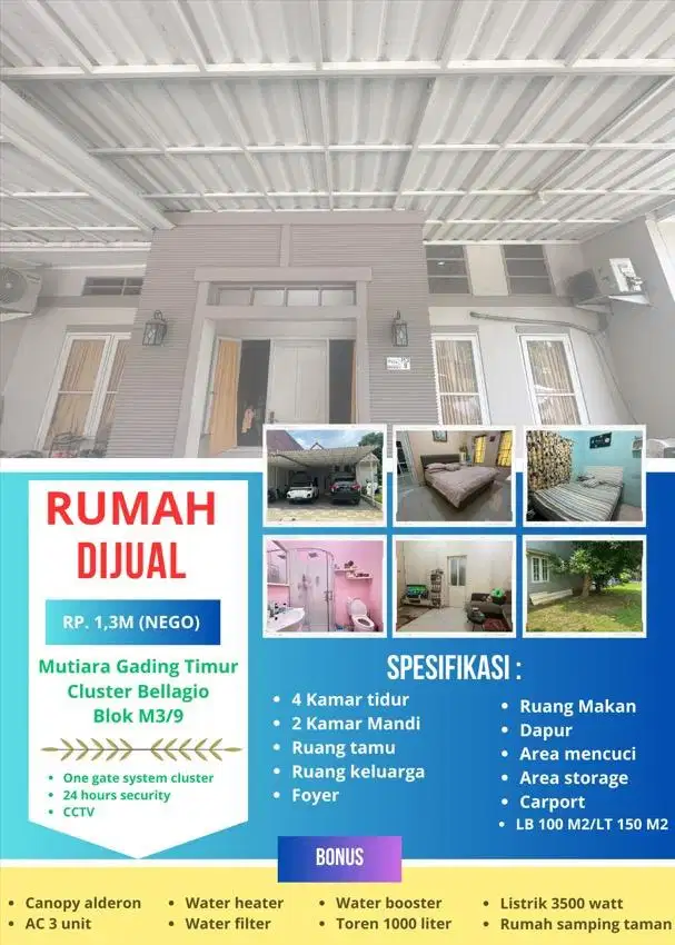 JUAL RUMAH SECOND SEMIFURNISH MUTIARA GADING TIMUR 2 BEKASI