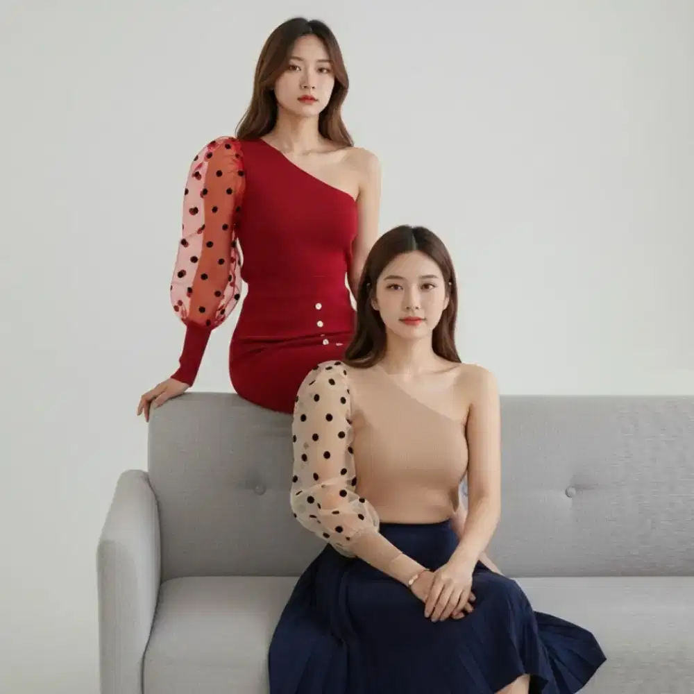 Polka One Shoulder Knit Top Wanita Kekinian | Atasan Rajut