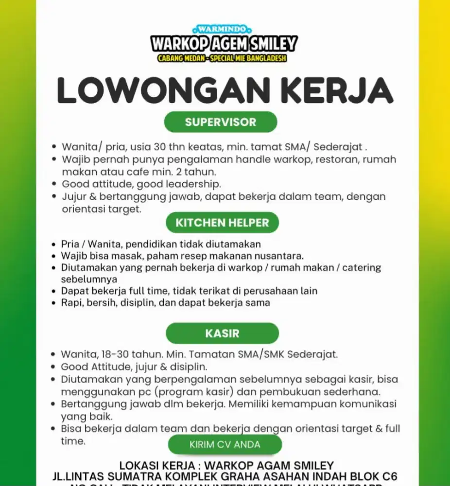 Dibutuhkan supevisor / kapten, admin / kasir dan chef / cook helper