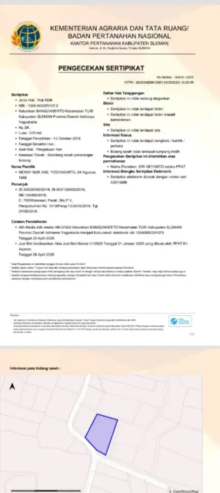 Jual tanah pekarangan diTuri ,Kel,bangunkerto kab Sleman Yogyakarta