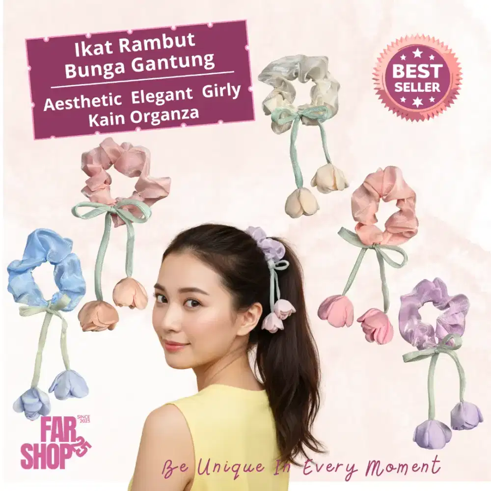 Ikat Rambut Scrunchie Pita Bunga Gantung Organza Murah Aesthetic