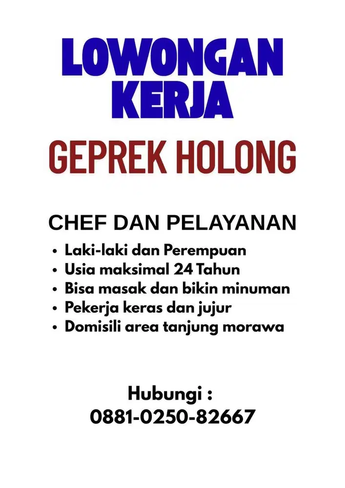 Dibutuhkan Waitress dan Chef