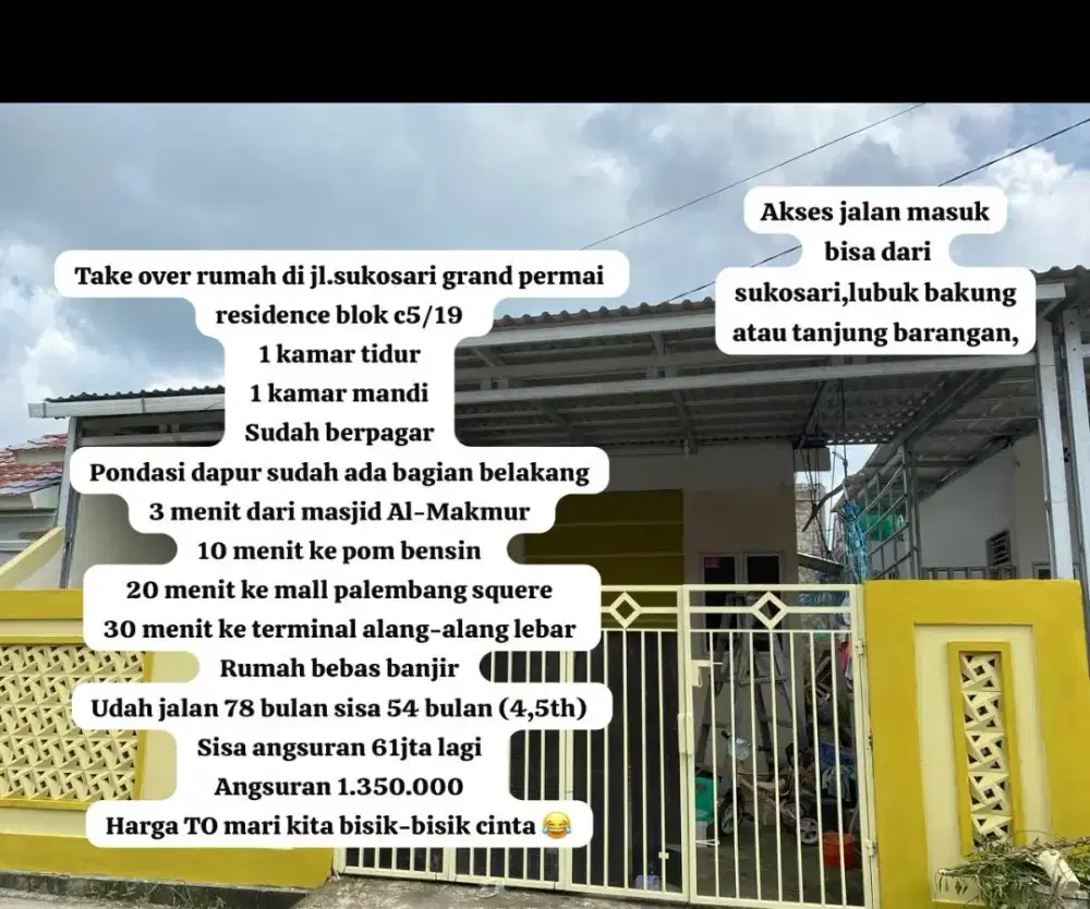 Dijual rumah subsidi sedikit lagi lunas