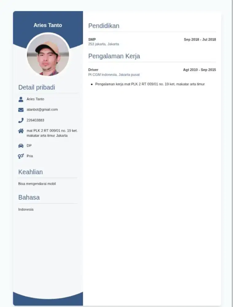 Saya sedang mencari pekerjaan sebagai Driver/supir pribadi atau kantor