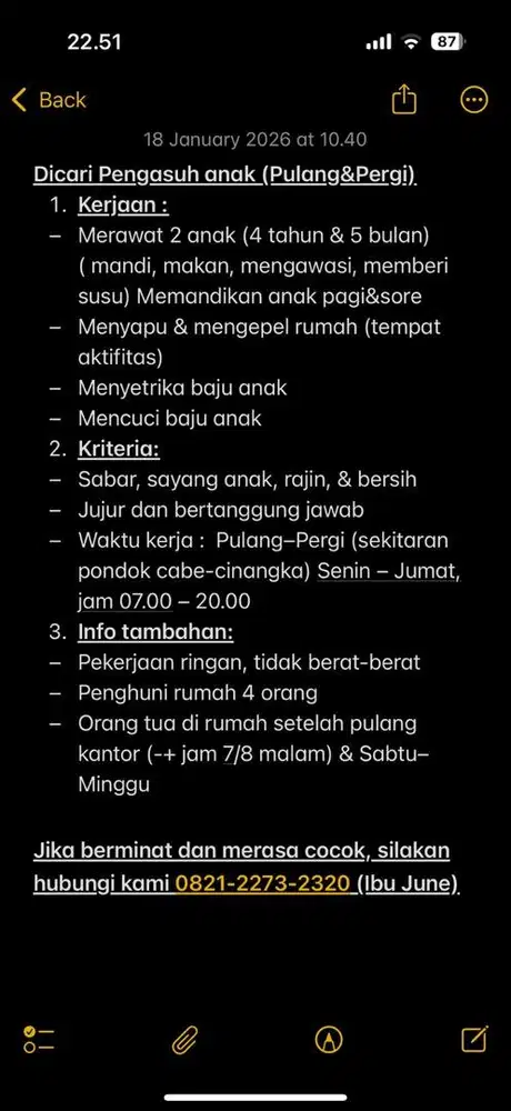 Dicari Pengasuh anak (Pulang&Pergi)