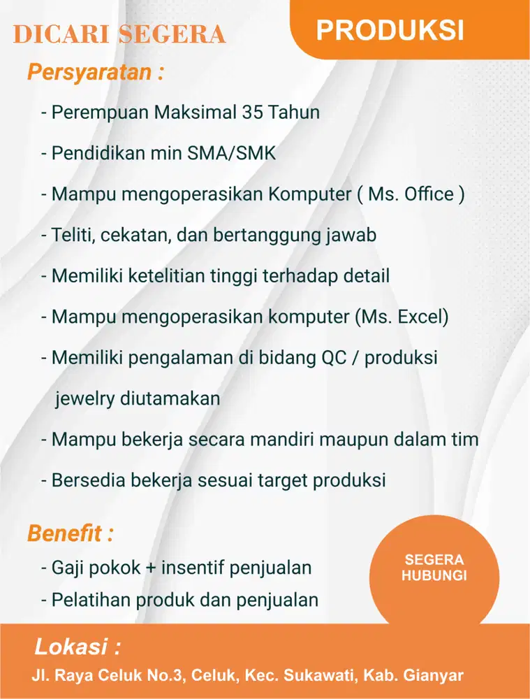 DICARI SEGERA PEGAWAI UNTUK PERUSAHAAN SILVER JEWELRY