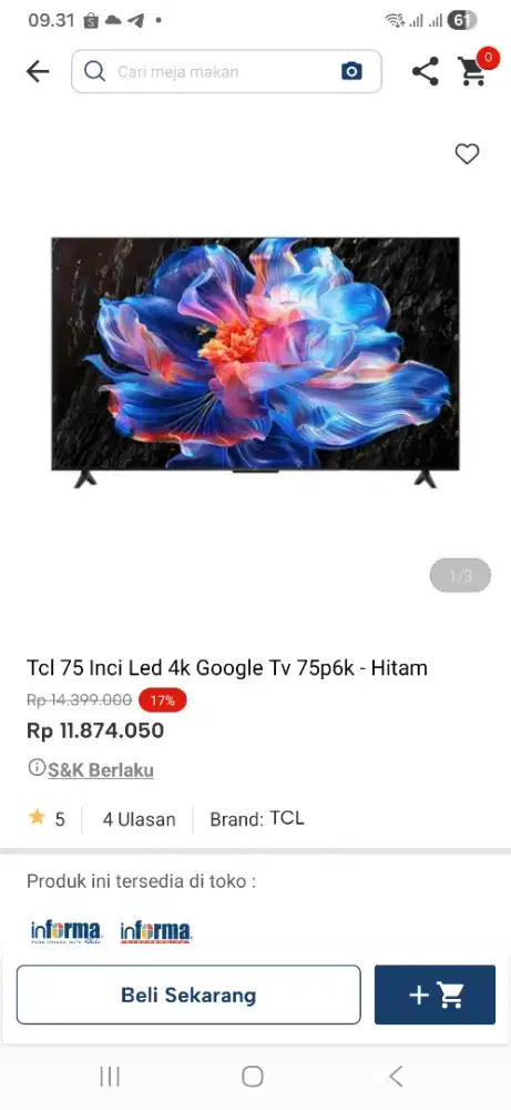 Tcl 75 inci led 4k google tv 75p6k