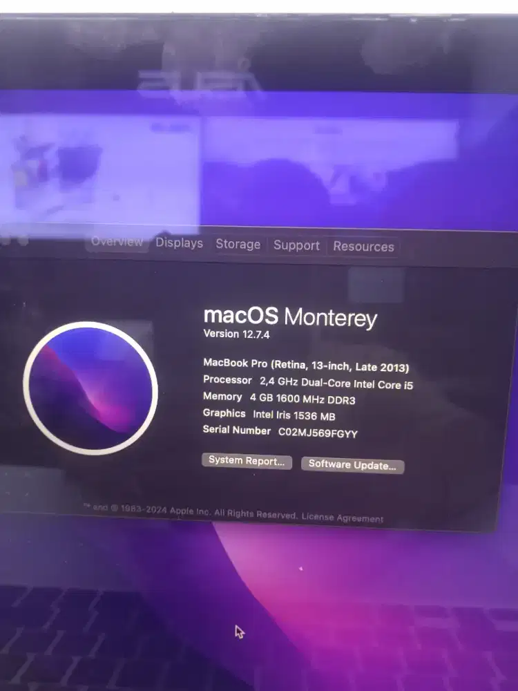 Macbook pro 2013 retina 13in ram 4 GB SSD 500 GB