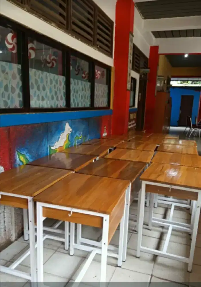 Meja kursi siswa rangka besi kayu jati