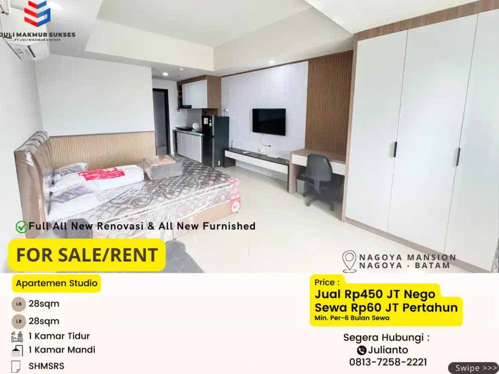 Disewa Apartemen Studio Full New Renovasi & New Furnished di Nagoya Mansion Batam