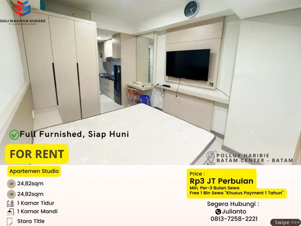 Disewa CEPAT Apartemen Studio Full Furnished di Pollux Habibie Batam Center