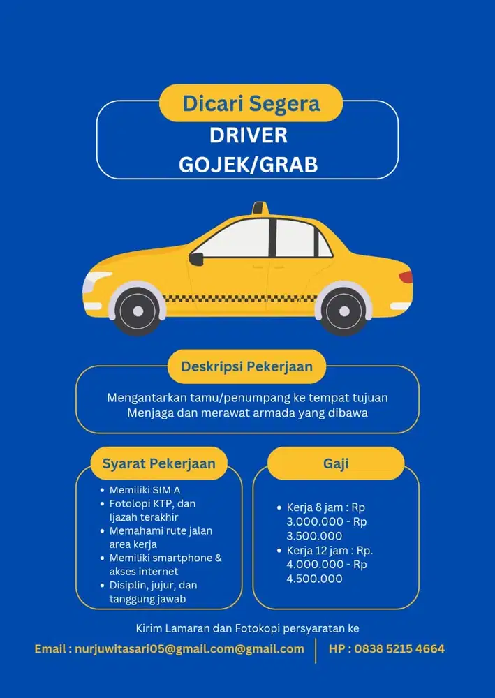 Dibutuhkan supir untuk Grab/Gojek