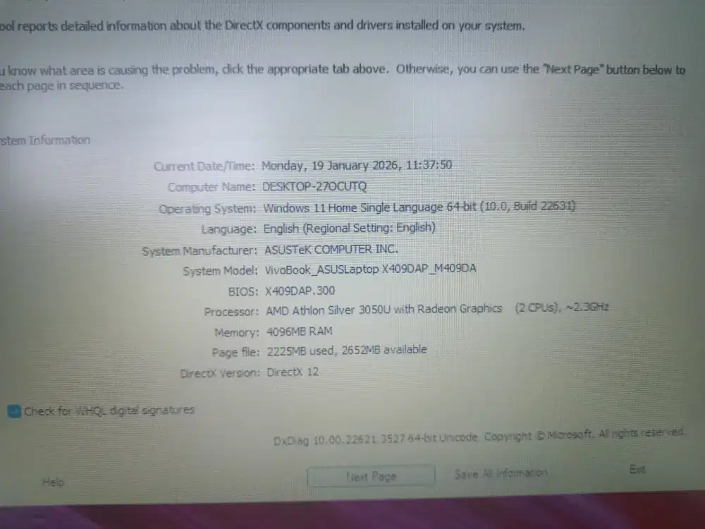 Asus x409dao_m40da amd athlon silver 3050 ram 4 GB SSD 128+1tb hdd