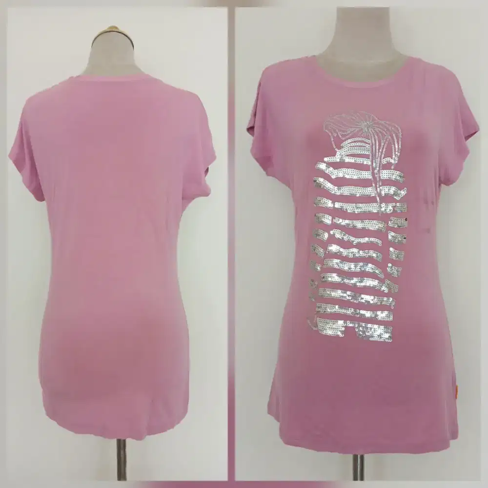 Baju atasan t-shirt sequin pink size L, preloved