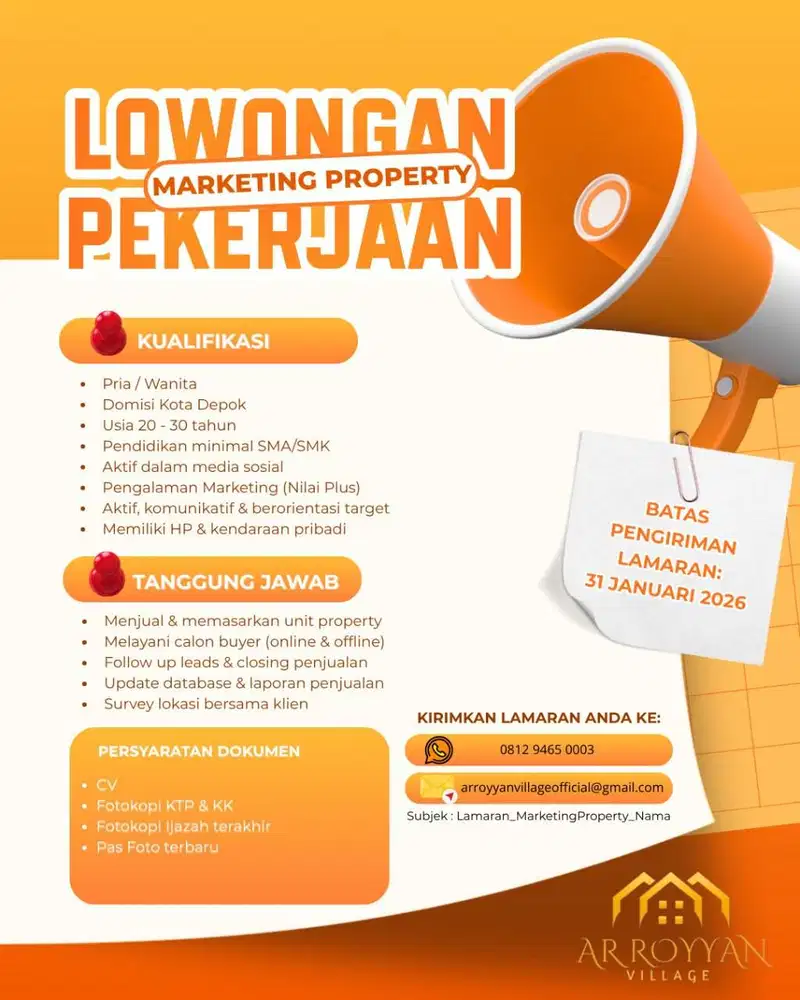 DIBUTUHKAN SEGERA MARKETING & SALES INHOUSE PROPERTY DI WILAYAH DEPOK