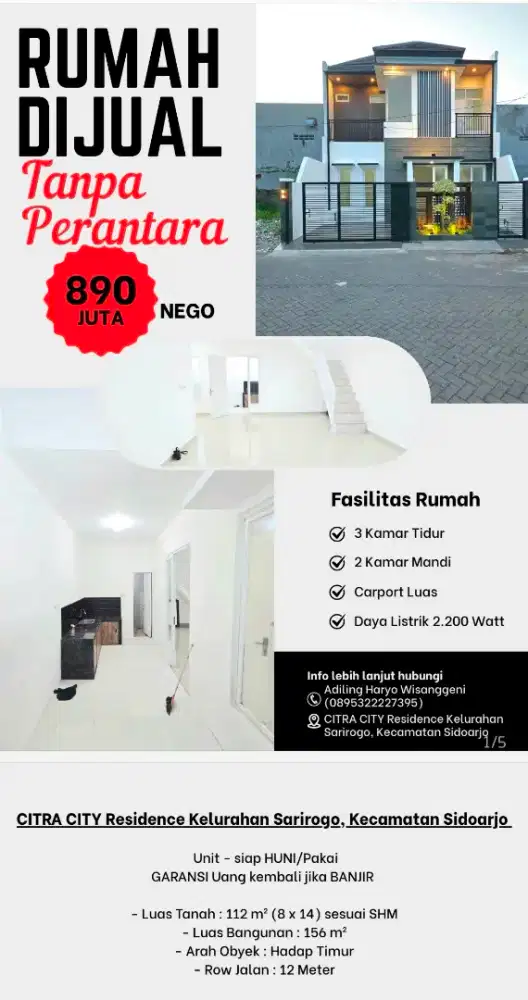 DIJUAL RUMAH TANPA PERANTARA Citra City Residence Sarirogo, Sidoarjo