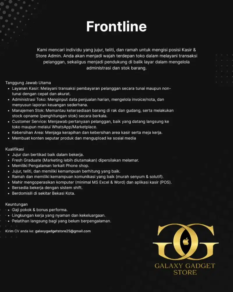 LOWONGAN UNTUK KASIR / ADMIN