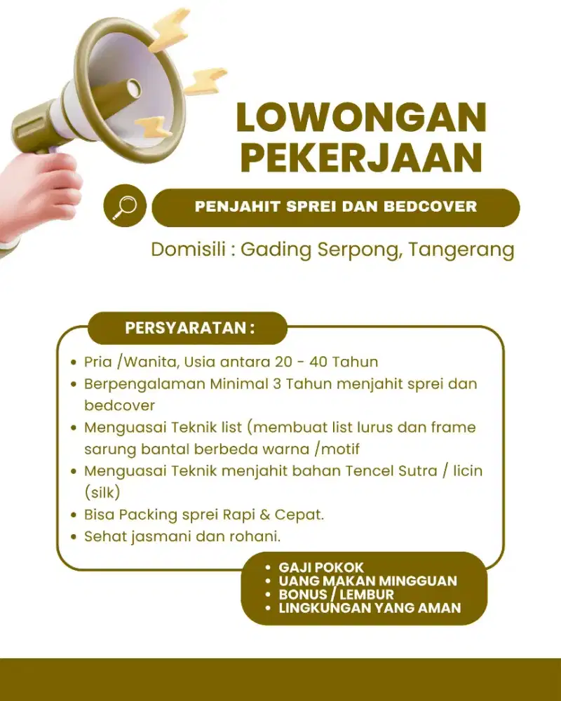 Lowongan Penjahit Professional untuk Sprei dan Bedcover Gading Serpong
