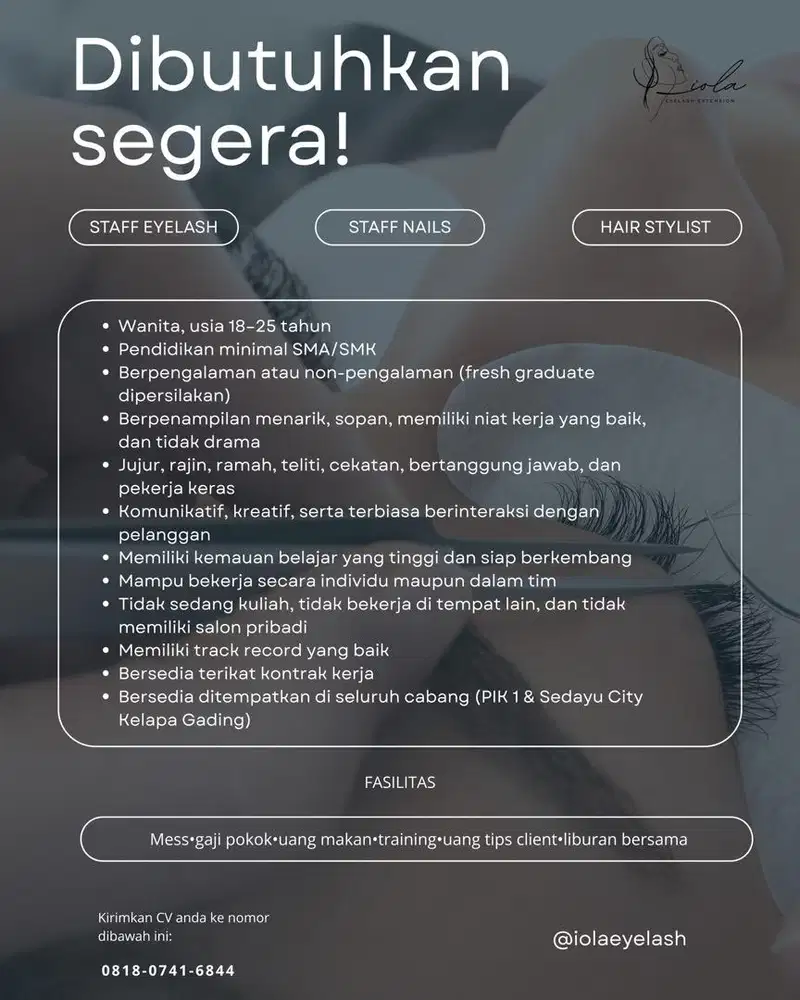 Lowongan Staff eyelash extension