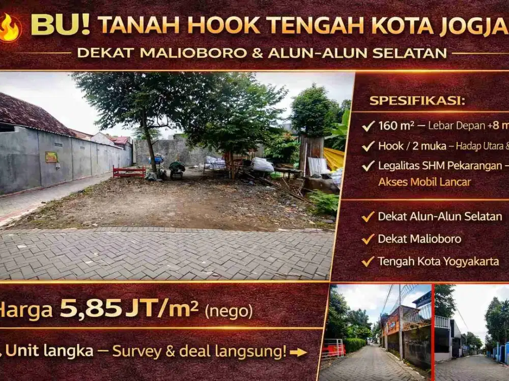 BU! Tanah Hook Tengah Kota Jogja – Dekat Malioboro & Alun-Alun Selatan