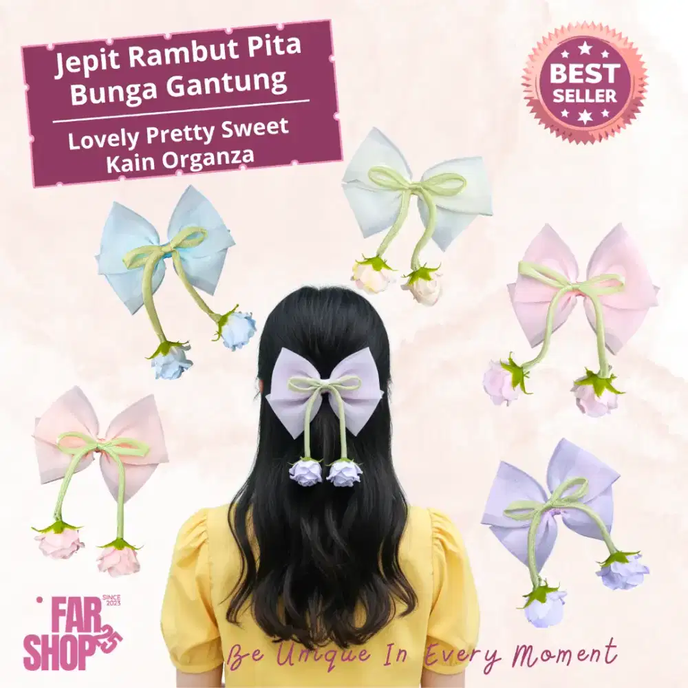 Jepit Rambut Wanita Pita Organza Bunga Gantung Murah Aesthetic Cantik