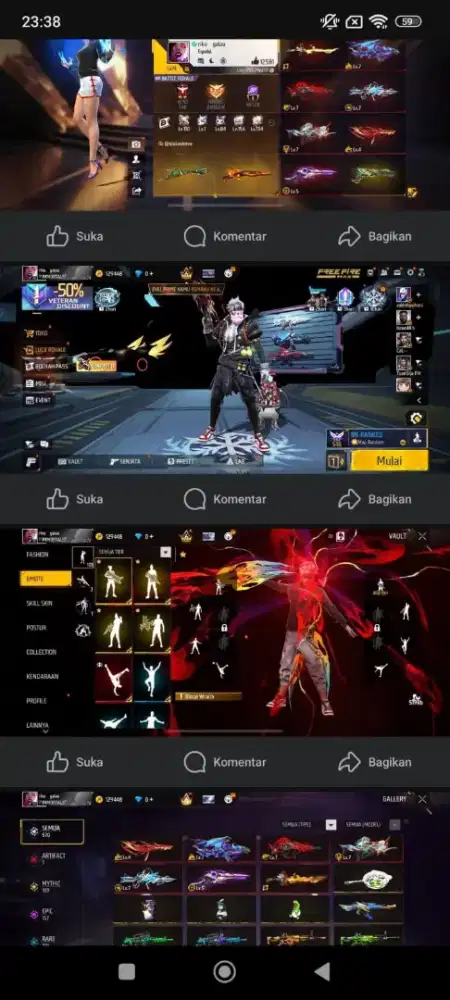 AKUN GAME FF DIJUAL DARI HARGA 300 SAMPE 1JT AN TERGANTUNG SPEKNYA