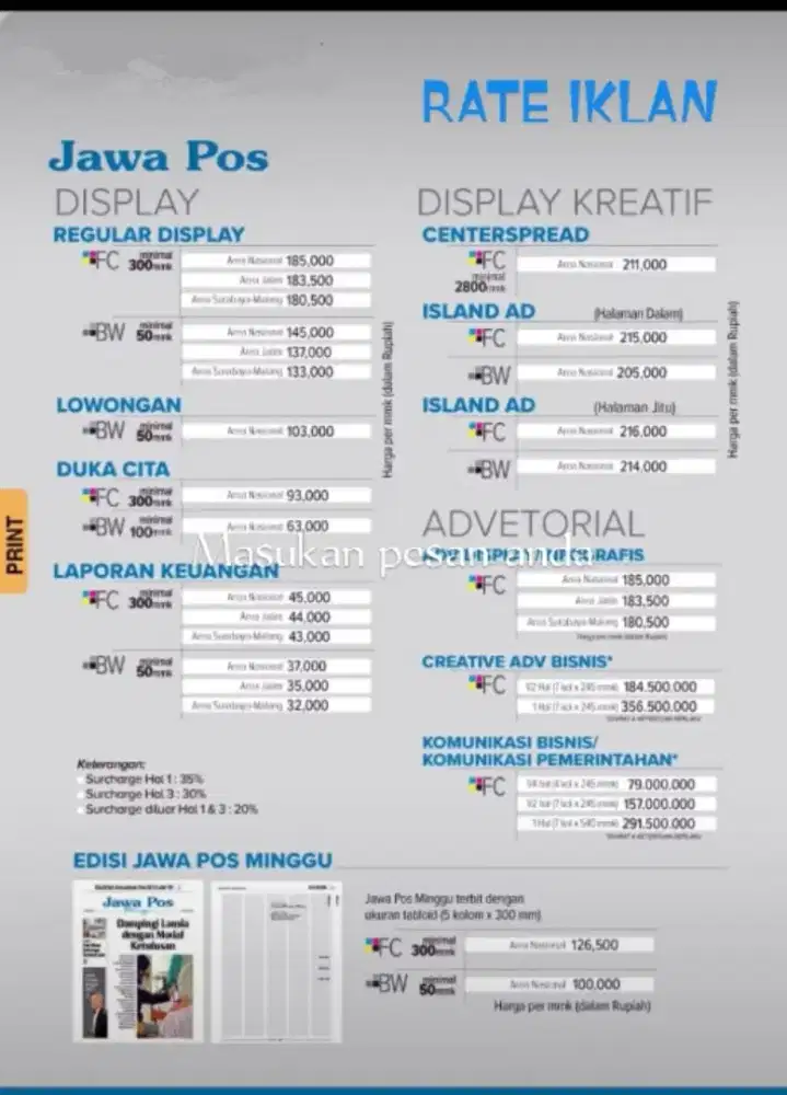 Pasang iklan koran Advertising Jawa Pos Kompas Memo Surya Kompas