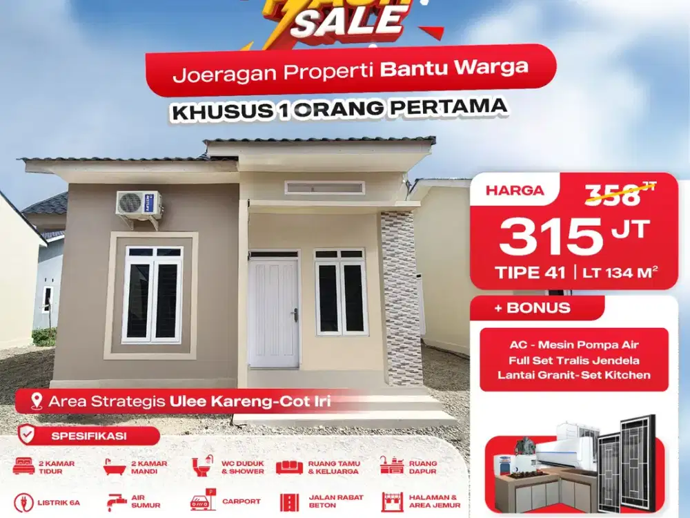 Jual Cepat Rumah Siap Huni Tipe 41 Punya 2 Kamar Tidur + 2 Kamar Mandi (Dalam) Area Strategis Cot Iri Ulee Kareng