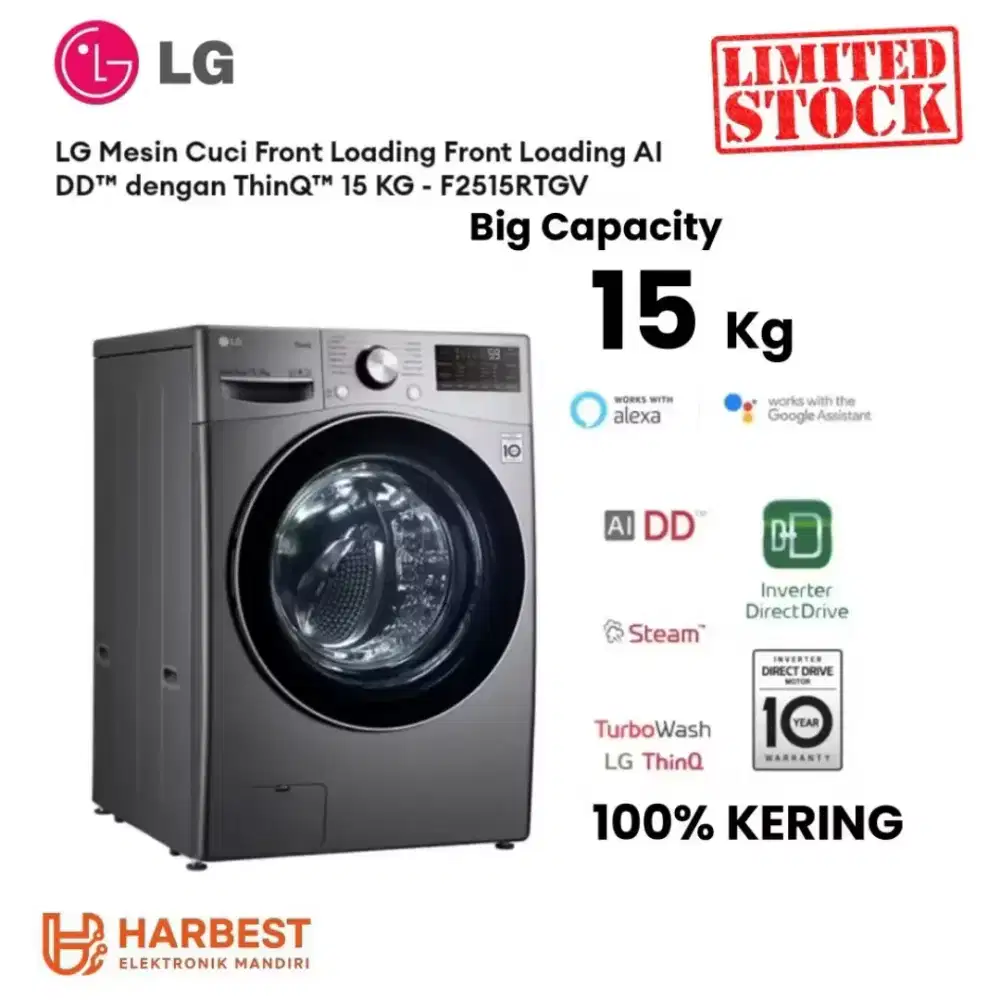 LG Mesin Cuci 15 Kg Front Loading AI DD dengan ThinQ 15 KG - F2515RTGV
