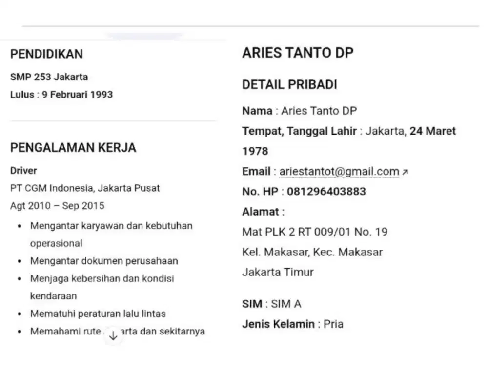 Saya sedang mencari pekerjaan sebagai Driver/supir pribadi atau kantor
