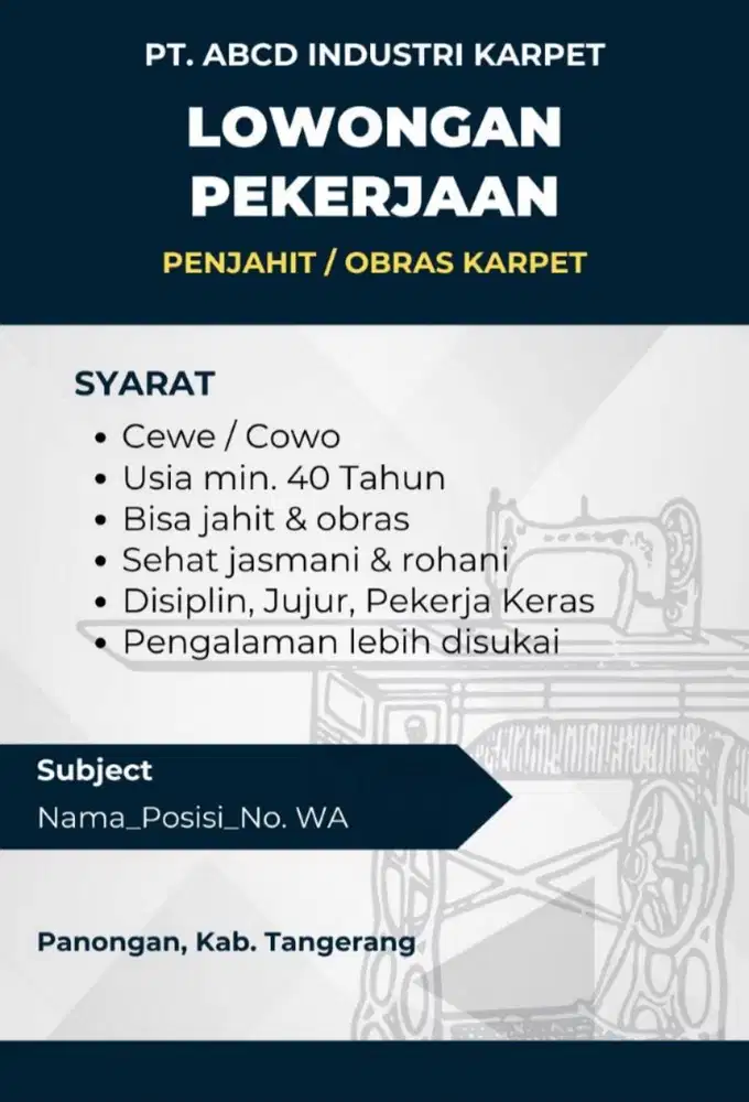 DIBUTUHKAN SEGERA! PENJAHIT/OBRAS