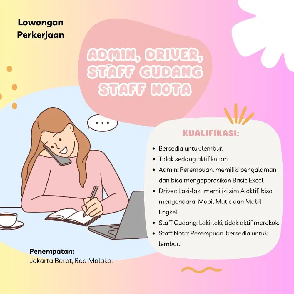 Lowongan Kerja - Admin, Driver, Staff Gudang, Staff Nota