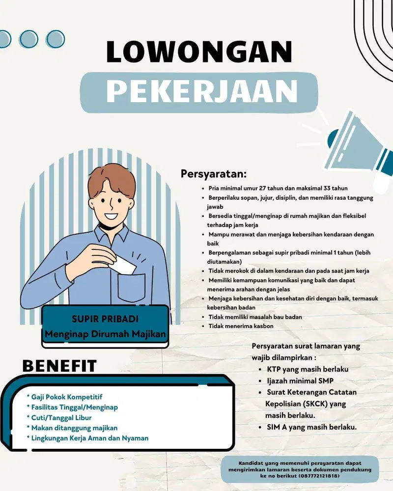 Lowongan Supir Pribadi (Tinggal/Menginap di Rumah Majikan)