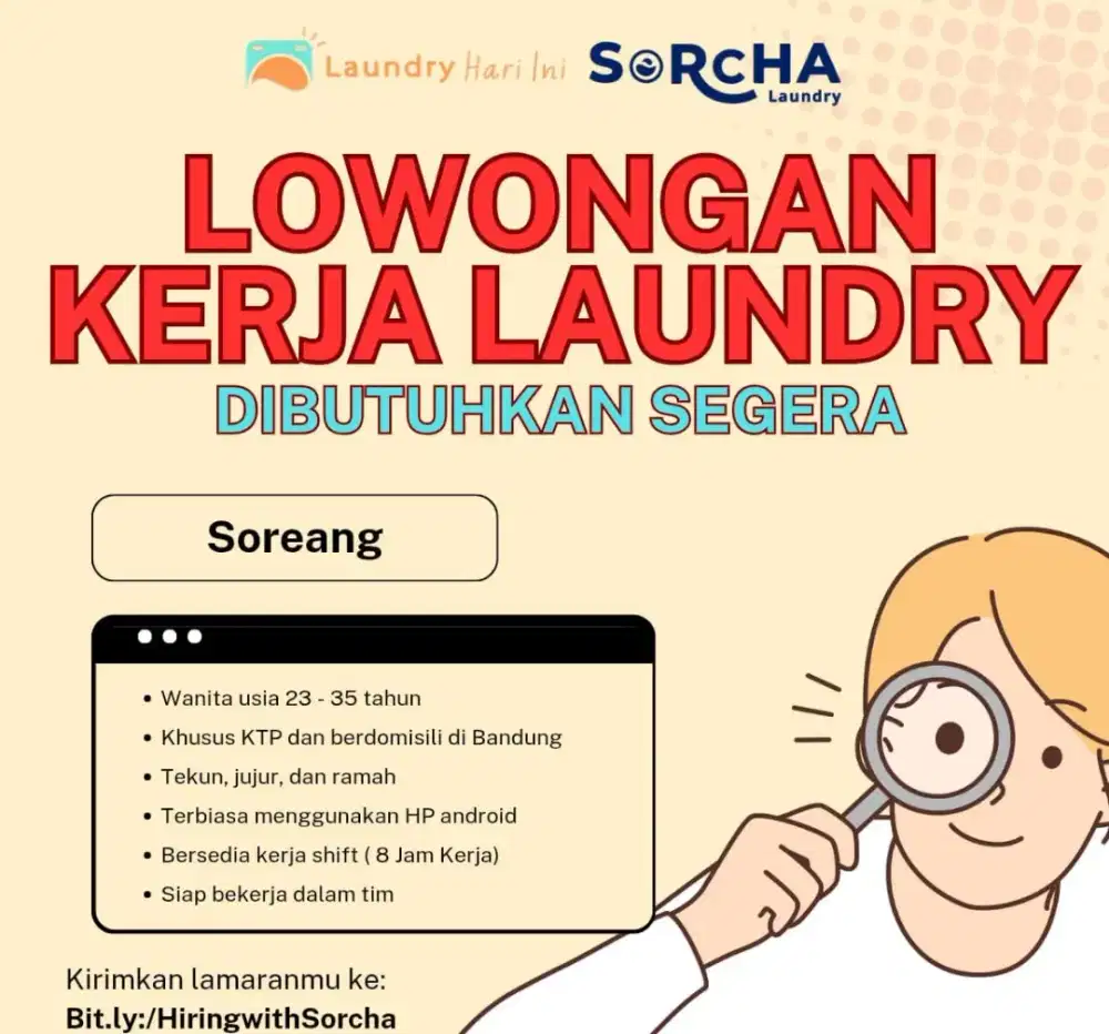 Dibutuhkan Segera Karyawan Laundry untuk daerah Soreang, Kab Bandung