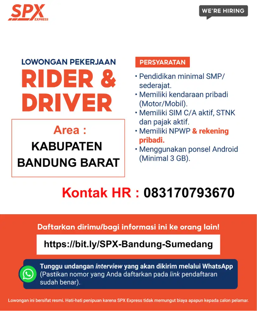 KURIR MOTOR & MOBIL KAB. BANDUNG BARAT (PENEMPATAN SESUAI DOMISILI)
