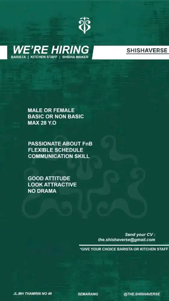 Barista, Kitchen dan Shisha Maker