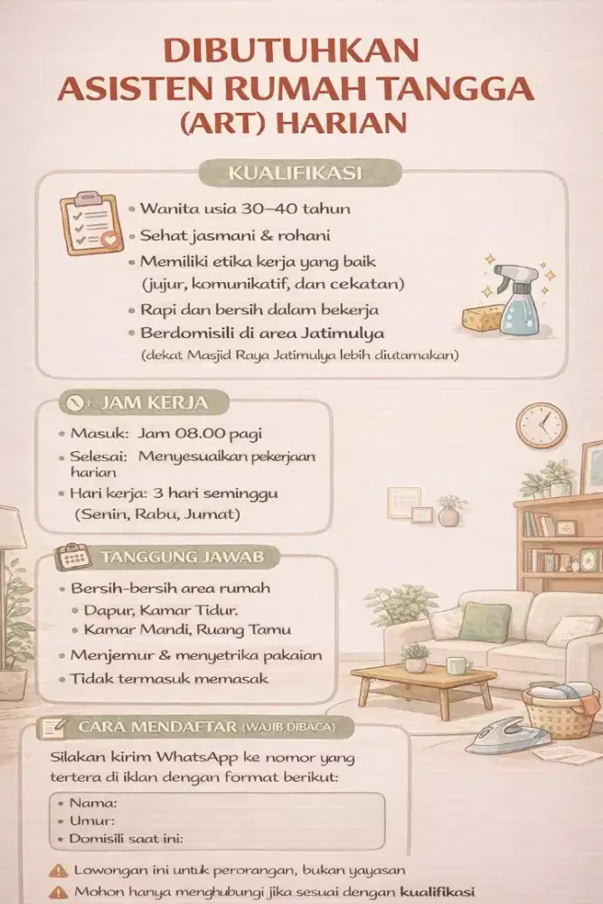 [TUTUP] DIBUTUHKAN SEGERA
ART HARIAN
(Asisten Rumah Tangga)
